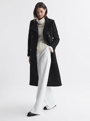 Reiss Black Blair Wool Blend Double Breasted Long Coat - Image 1 of 6