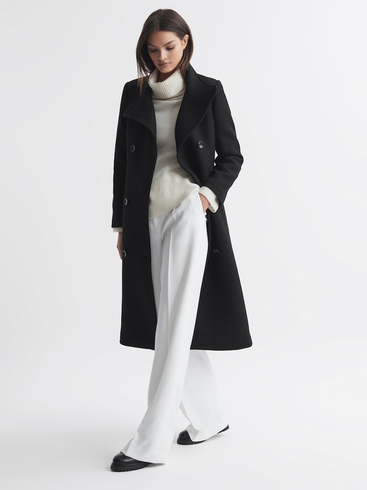 Reiss Black Blair Wool Blend Double Breasted Long Coat - Image 1 of 6