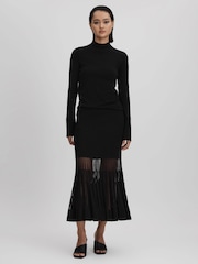 Reiss Black Tilly Knitted Sheer Flared Midi Skirt - Image 5 of 6