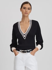 Reiss Navy/White Tammy Crochet V-Neck Jumper - Image 1 of 6