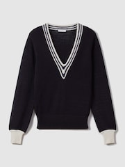 Reiss Navy/White Tammy Crochet V-Neck Jumper - Image 2 of 6