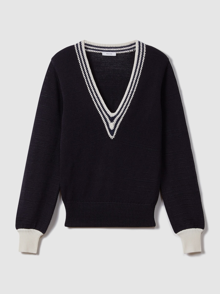 Reiss Navy/White Tammy Crochet V-Neck Jumper - Image 2 of 6