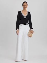 Reiss Navy/White Tammy Crochet V-Neck Jumper - Image 3 of 6