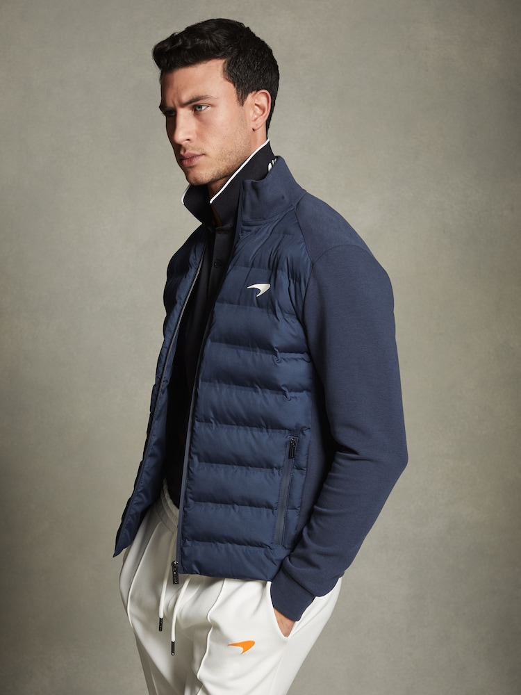 Reiss x McLaren F1 Team Airforce Blue McLaren F1 Hybrid Quilt and Jersey Jacket - Image 1 of 7 Reiss x McLaren F1 Team Airforce Blue McLaren F1 Hybrid Quilt and Jersey Jacket - Image 1 of 7