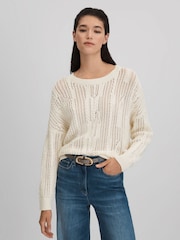 Reiss Ivory Tanya Cotton Blend Open Stitch Crew Neck Jumper - Image 4 of 6