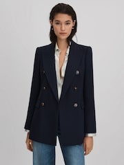 Reiss Navy Lana Tailored Textured Wool Blend Double Breasted Blazer - Image 1 of 7