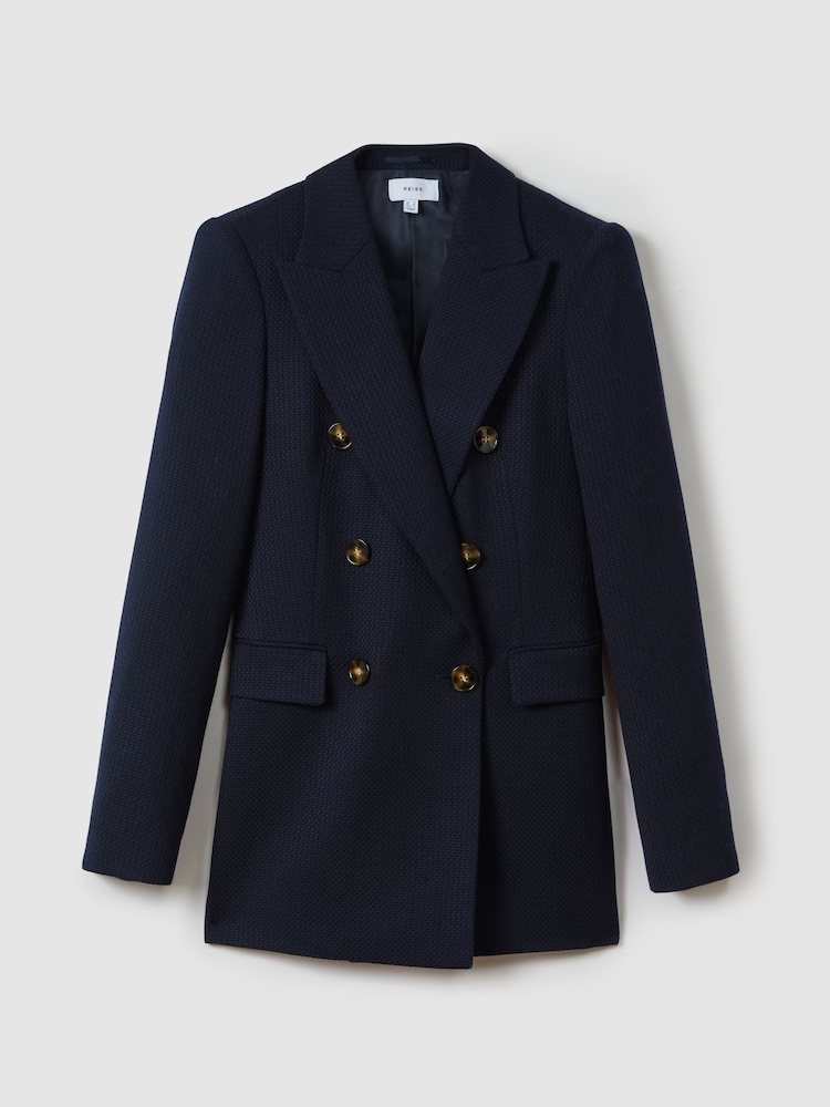 Reiss Navy Lana Tailored Textured Wool Blend Double Breasted Blazer - Image 2 of 7