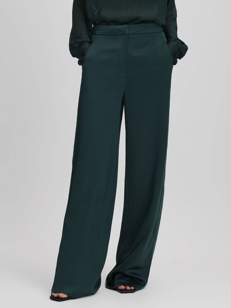 Reiss Green Lula Satin Wide Leg Trousers - Image 1 of 6