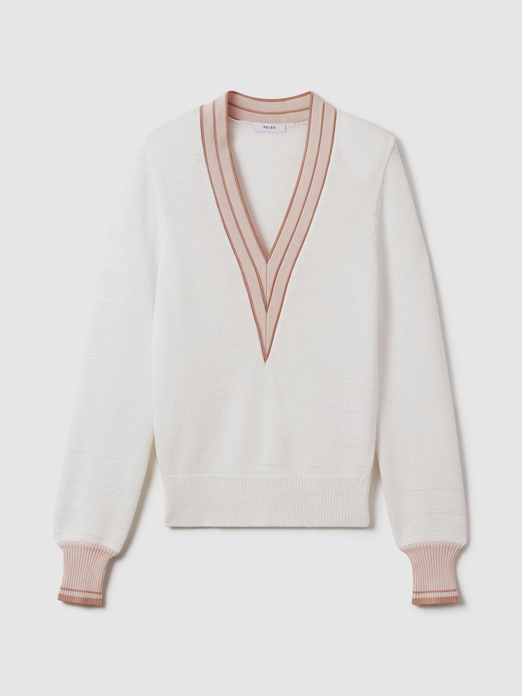 Reiss Light Pink Tor Contrast V-Neck Jumper - Image 2 of 6