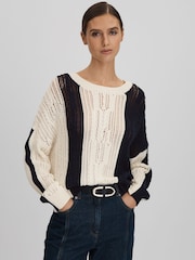 Reiss Cream/Navy Tanya Cotton Blend Open Stitch Crew Neck Jumper - Image 1 of 6