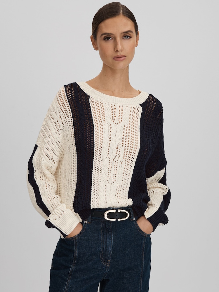 Reiss Cream/Navy Tanya Cotton Blend Open Stitch Crew Neck Jumper - Image 1 of 6