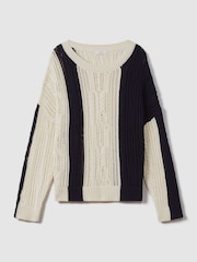 Reiss Cream/Navy Tanya Cotton Blend Open Stitch Crew Neck Jumper - Image 2 of 6