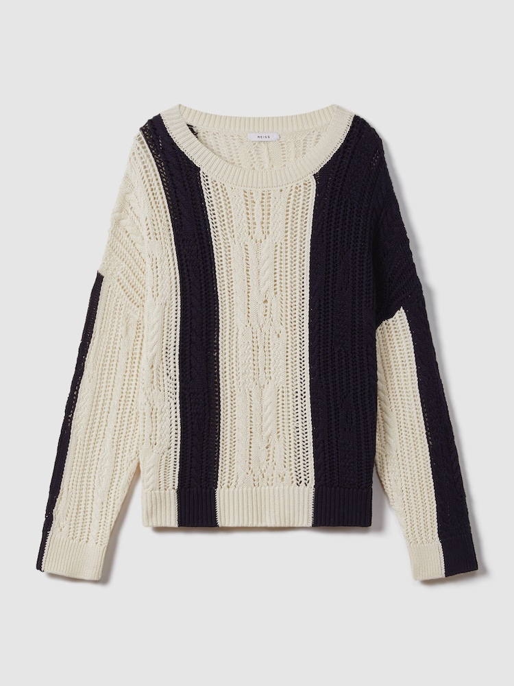 Reiss Cream/Navy Tanya Cotton Blend Open Stitch Crew Neck Jumper - Image 2 of 6