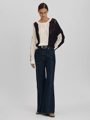 Reiss Cream/Navy Tanya Cotton Blend Open Stitch Crew Neck Jumper - Image 3 of 6