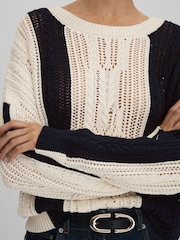 Reiss Cream/Navy Tanya Cotton Blend Open Stitch Crew Neck Jumper - Image 4 of 6
