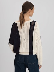 Reiss Cream/Navy Tanya Cotton Blend Open Stitch Crew Neck Jumper - Image 5 of 6