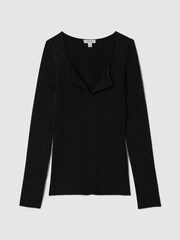 Reiss Black Monica Ribbed Open Collar Top - Image 2 of 7