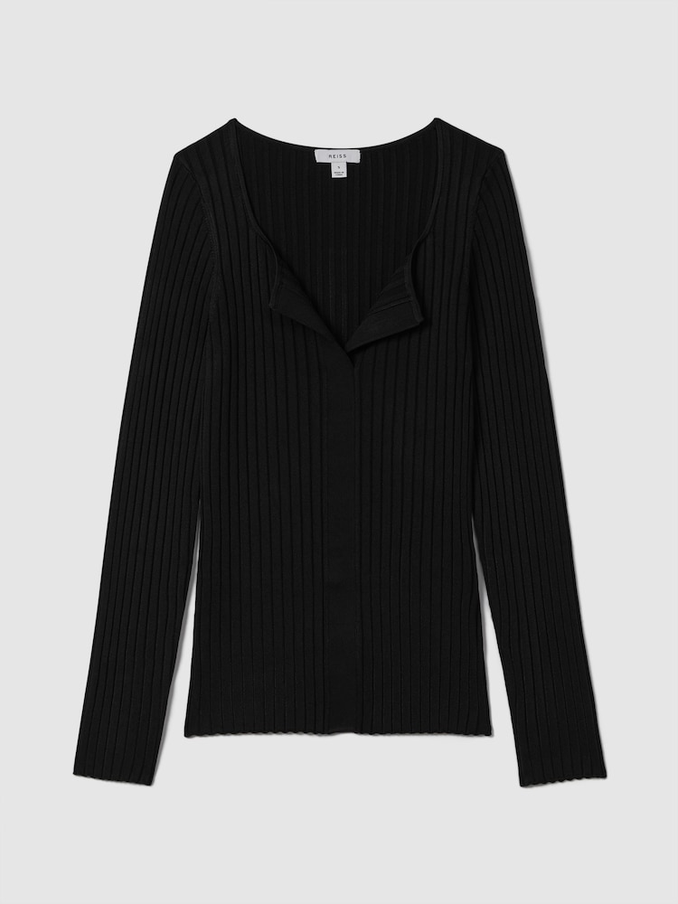 Reiss Black Monica Ribbed Open Collar Top - Image 2 of 7