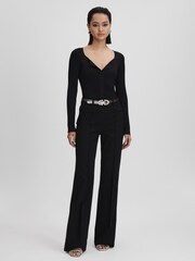 Reiss Black Monica Ribbed Open Collar Top - Image 3 of 7