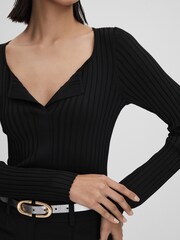 Reiss Black Monica Ribbed Open Collar Top - Image 4 of 7