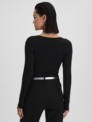 Reiss Black Monica Ribbed Open Collar Top - Image 5 of 7