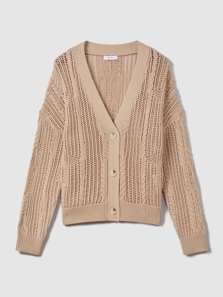 Reiss Neutral Tiffany Cotton Blend Open Stitch Cardigan - Image 2 of 6 Reiss Neutral Tiffany Cotton Blend Open Stitch Cardigan - Image 2 of 6