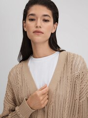 Reiss Neutral Tiffany Cotton Blend Open Stitch Cardigan - Image 4 of 6