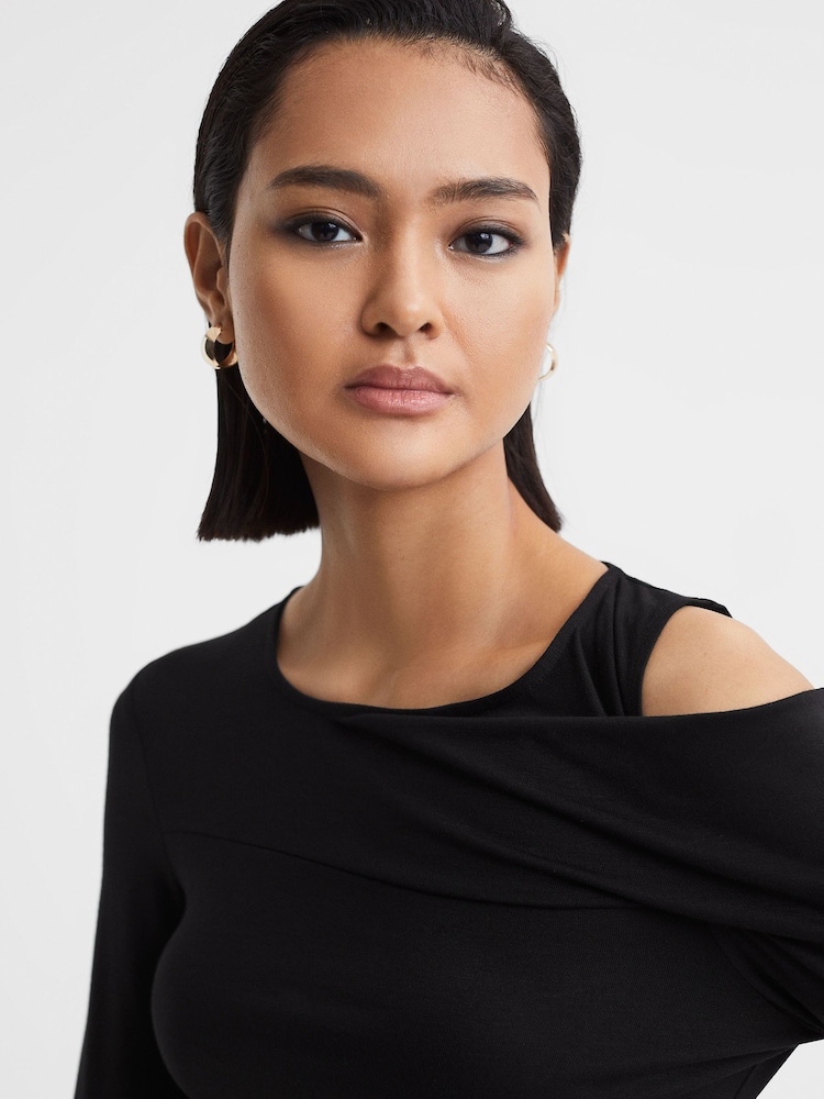 Reiss Black Adeline Draped Shoulder Top - Image 1 of 4