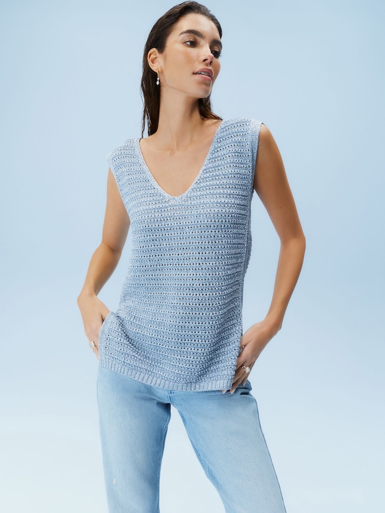 Blue Metallic Sleeveless Vest - Image 1 of 6 Blue Metallic Sleeveless Vest - Image 1 of 6