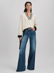 Reiss Cream/Navy Michaela Wool Blend Open Collar Jumper - Image 1 of 6