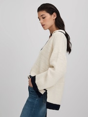 Reiss Cream/Navy Michaela Wool Blend Open Collar Jumper - Image 3 of 6