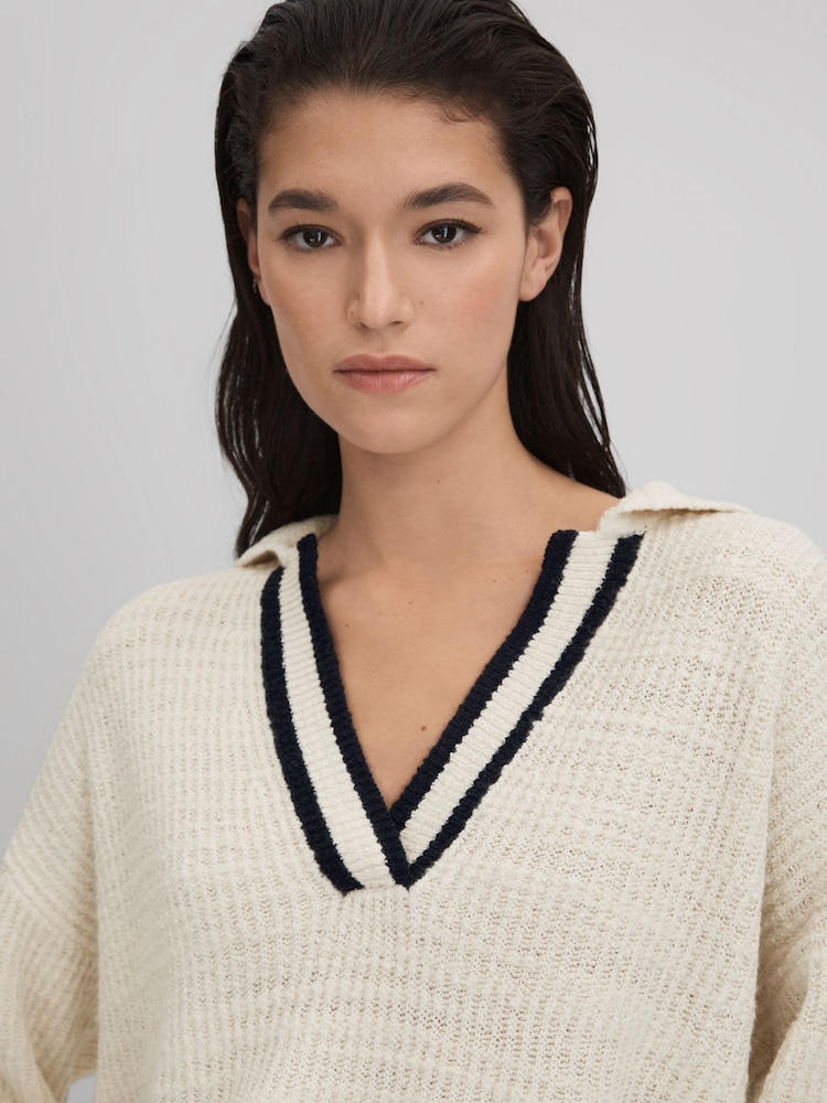 Buy Reiss Cream/Navy Michaela Wool Blend Open Collar Jumper from