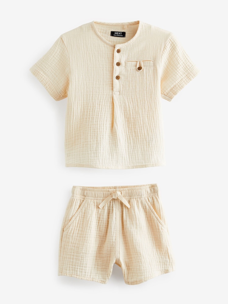 Neutral Short Sleeves 100% Cotton Shirt And Shorts Set (3mths-7yrs) - Image 1 of 3