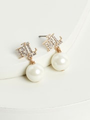 Lauren Ralph Lauren Gold & Crystal Logo Pearl Drop Earrings - Image 1 of 4