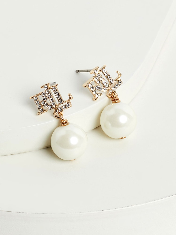 Lauren Ralph Lauren Gold & Crystal Logo Pearl Drop Earrings - Image 1 of 4