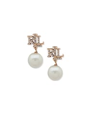 Lauren Ralph Lauren Gold & Crystal Logo Pearl Drop Earrings - Image 2 of 4