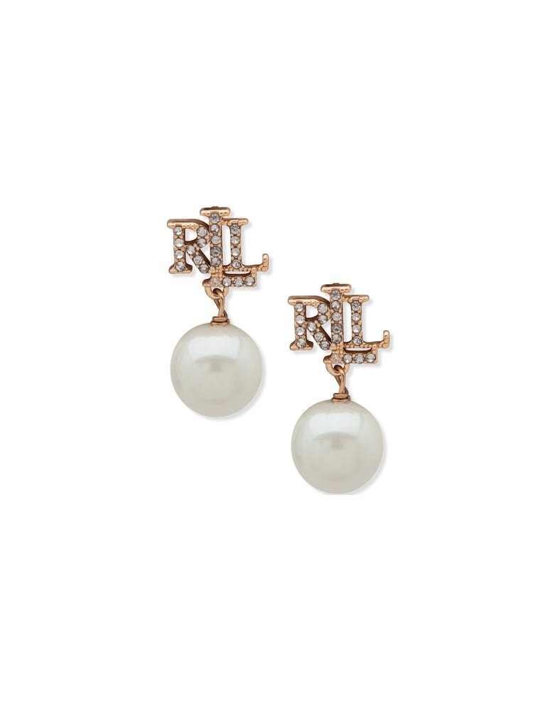 Lauren Ralph Lauren Gold & Crystal Logo Pearl Drop Earrings - Image 2 of 4