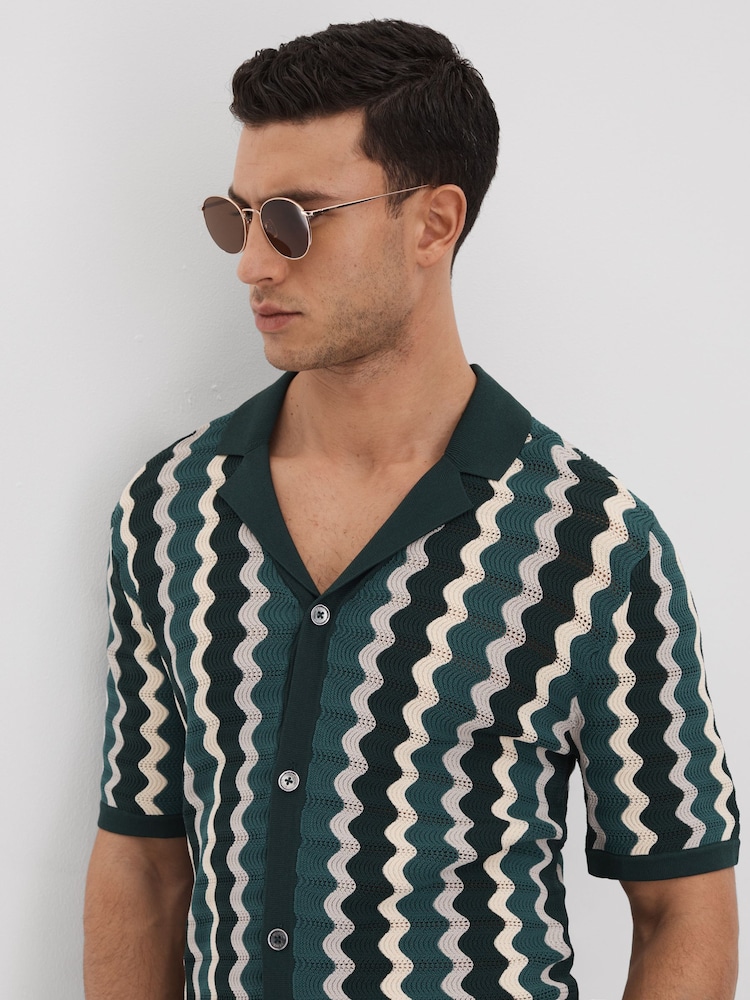 Reiss Green Multi Waves Knitted Cuban Collar Shirt - Image 1 of 6