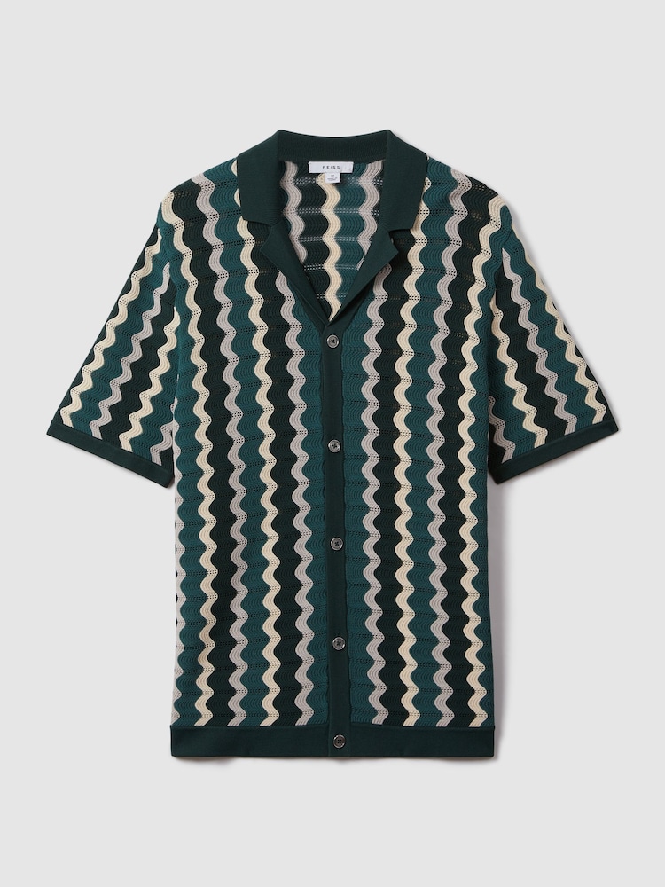 Reiss Green Multi Waves Knitted Cuban Collar Shirt - Image 2 of 6