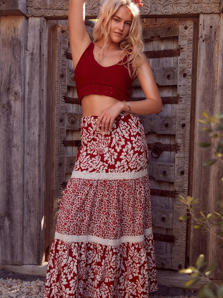 Red Spliced Print Textured Maxi Skirt With Crochet Trim - Image 1 of 7 Red Spliced Print Textured Maxi Skirt With Crochet Trim - Image 1 of 7