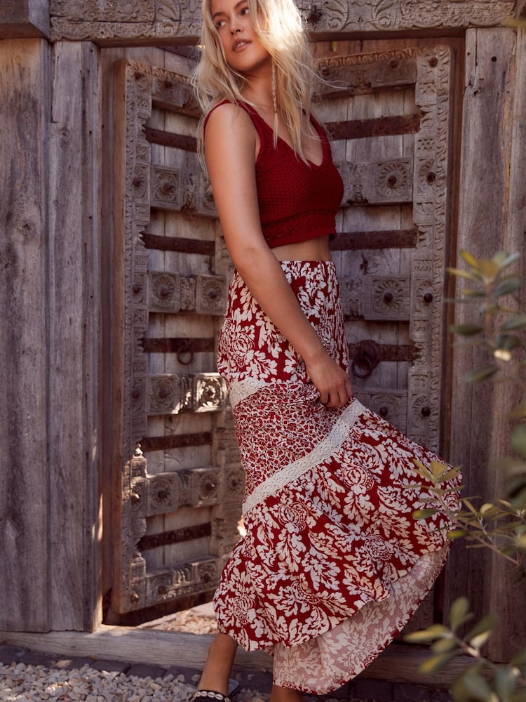 Red Spliced Print Textured Maxi Skirt With Crochet Trim - Image 2 of 7 Red Spliced Print Textured Maxi Skirt With Crochet Trim - Image 2 of 7