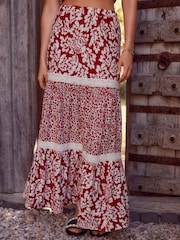 Red Spliced Print Textured Maxi Skirt With Crochet Trim - Image 3 of 7