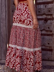 Red Spliced Print Textured Maxi Skirt With Crochet Trim - Image 4 of 7