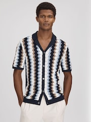 Reiss Blue Multi Waves Knitted Cuban Collar Shirt - Image 1 of 7
