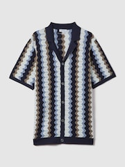 Reiss Blue Multi Waves Knitted Cuban Collar Shirt - Image 2 of 7