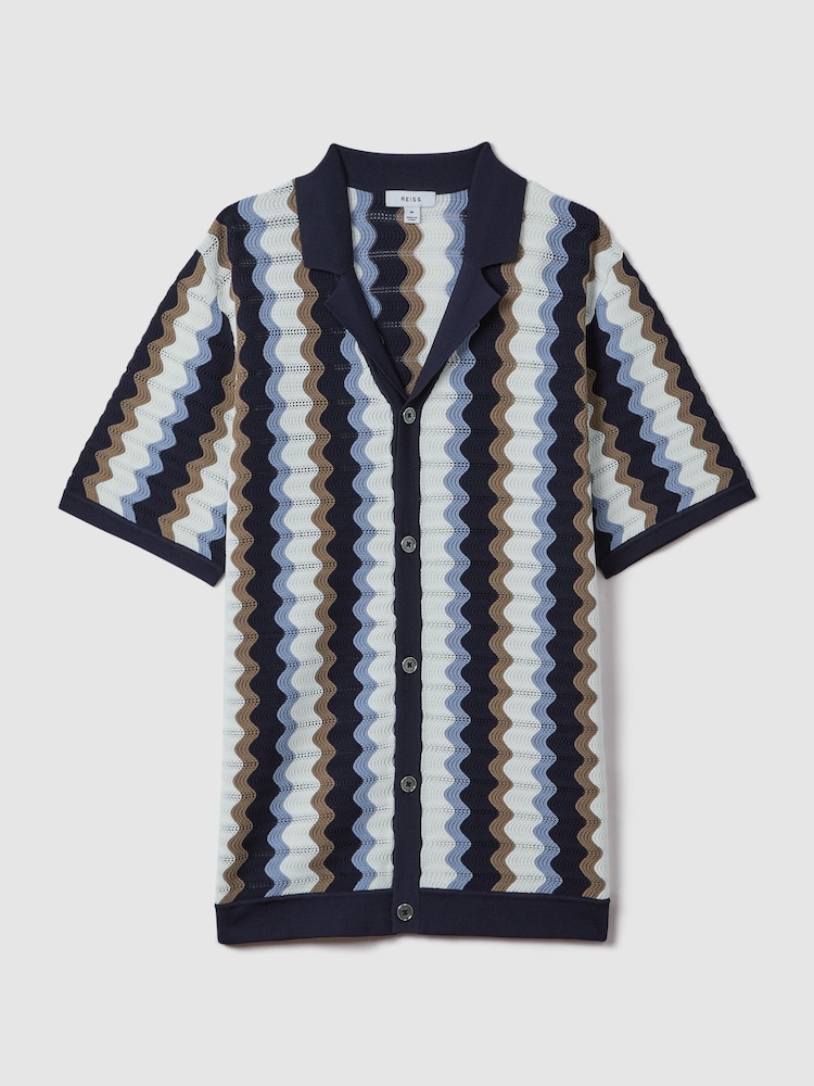 Reiss Blue Multi Waves Knitted Cuban Collar Shirt - Image 2 of 7