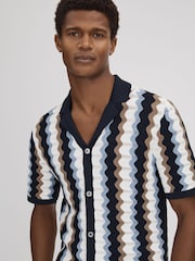 Reiss Blue Multi Waves Knitted Cuban Collar Shirt - Image 4 of 7