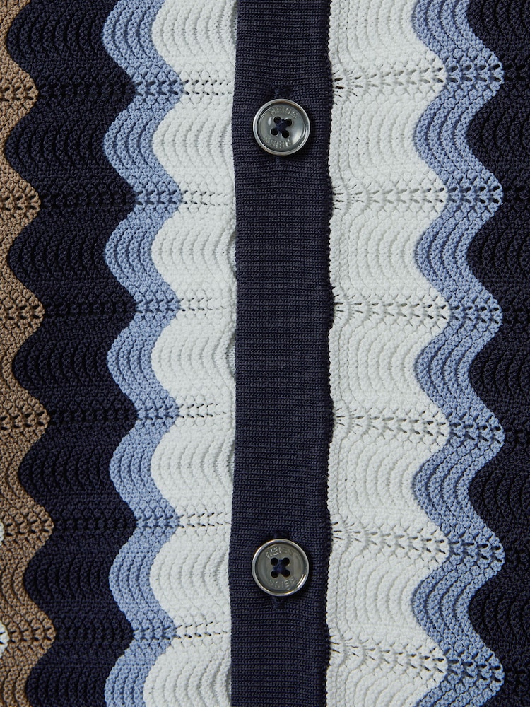 Reiss Blue Multi Waves Knitted Cuban Collar Shirt - Image 7 of 7