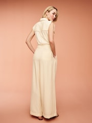 Cream Button Front Textured Wide Leg Jumpsuit - Image 3 of 6