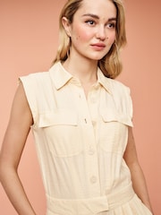 Cream Button Front Textured Wide Leg Jumpsuit - Image 4 of 6